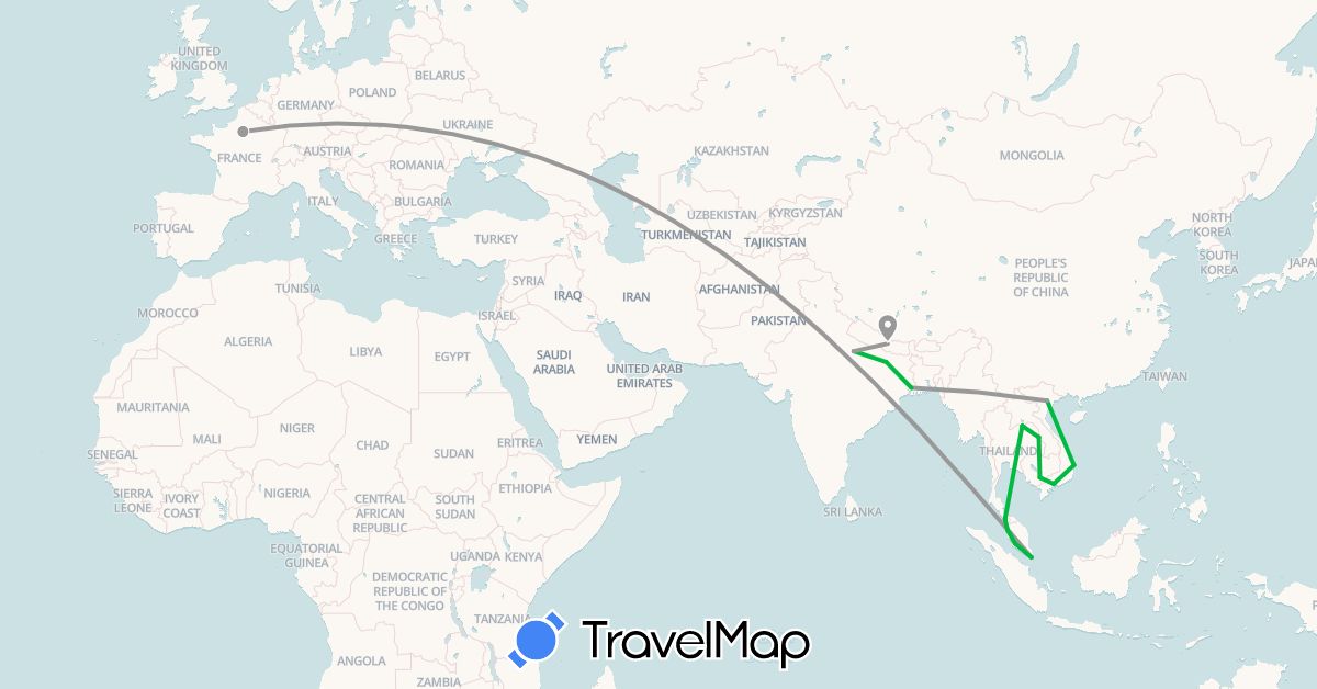 TravelMap itinerary: bus, plane in France, India, Cambodia, Laos, Malaysia, Nepal, Singapore, Vietnam (Asia, Europe)